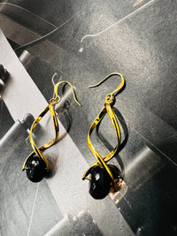 Genuine Onyx Gemstone Gold Twist Earrings
