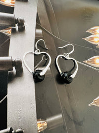 Genuine Onyx Gemstone Silver Heart Earrings