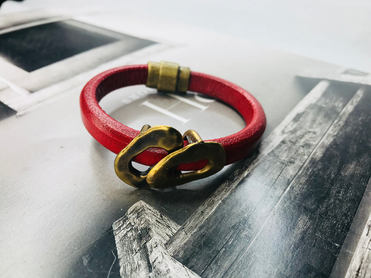 Red & Bronze Accented Leather Bracelet