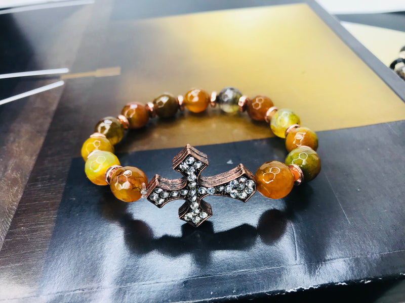 Pumpkin Agate Gemstone Cross Bracelet