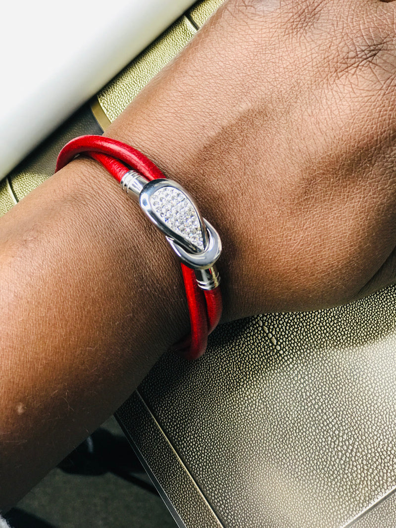 Red Leather & Rhinestone Wrap Clasp Bracelet