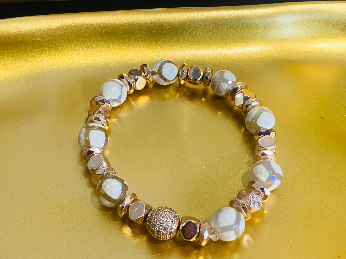 White Glazed  Striped Agate & Rose Gold Hematite Square Luxury Lifestyle Bracelet