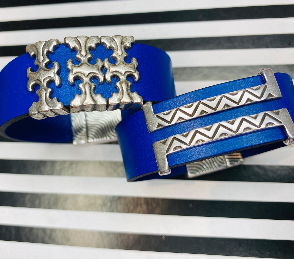 Electric Blue Double Silver Leather Bracelet