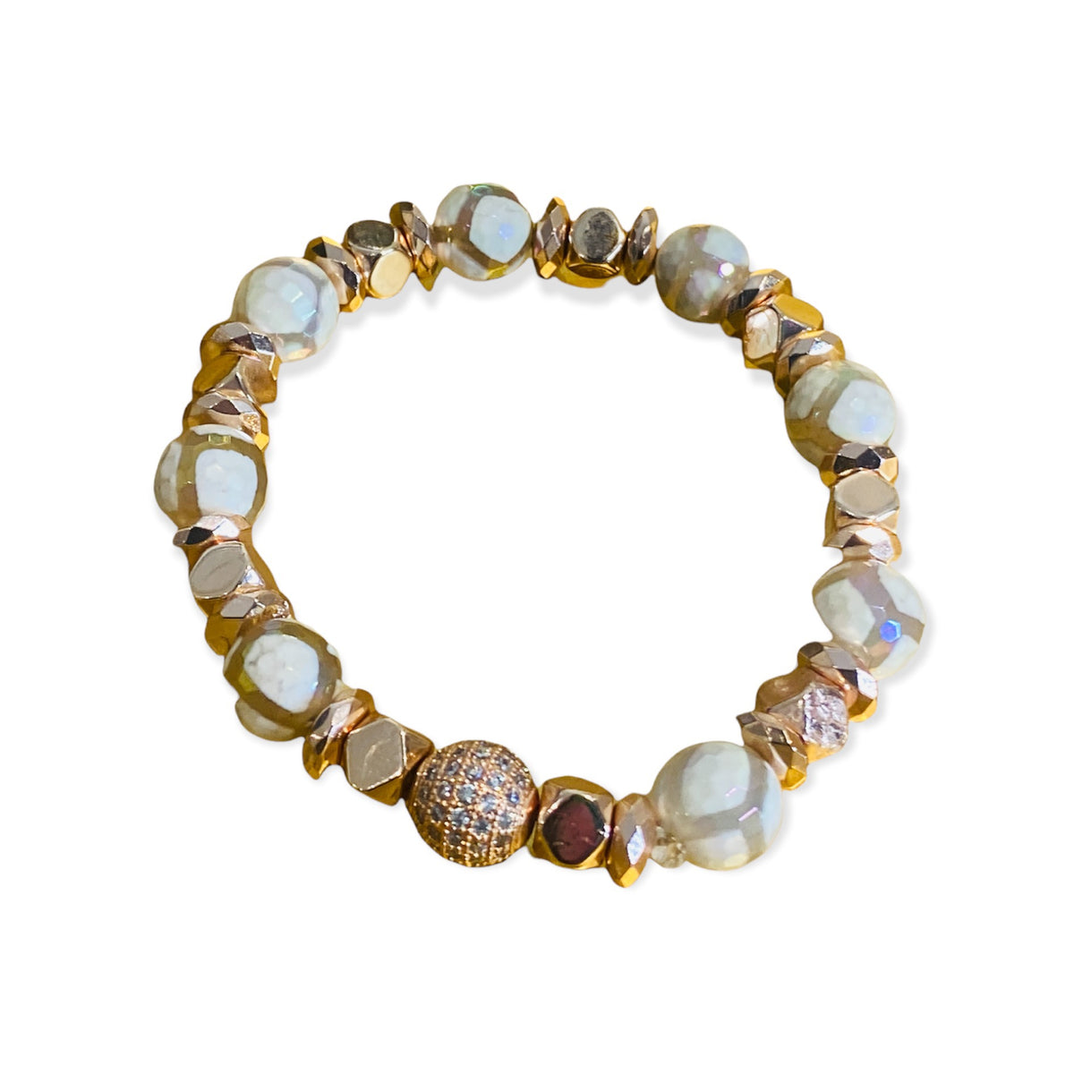 White Glazed  Striped Agate & Rose Gold Hematite Square Luxury Lifestyle Bracelet