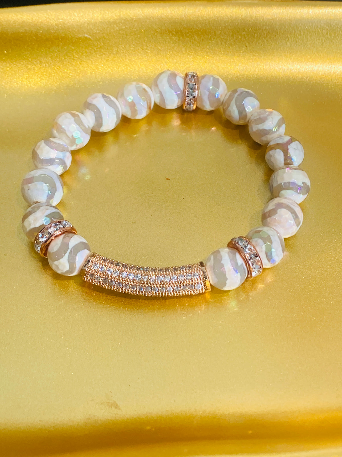 White Glazed  Striped Agate & Rose Gold Hematite Luxury Lifestyle Bracelet
