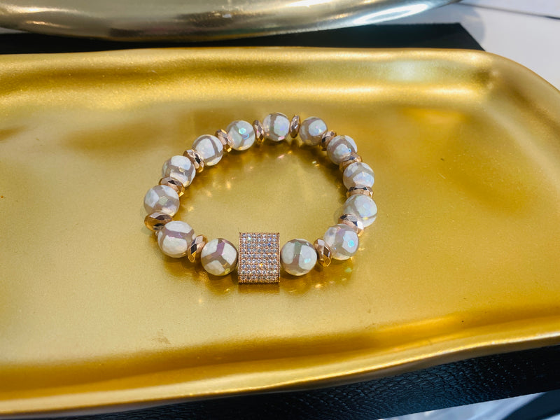 White Glazed Striped Agate & Rose Gold Hematite Square Luxury Lifestyle Bracelet
